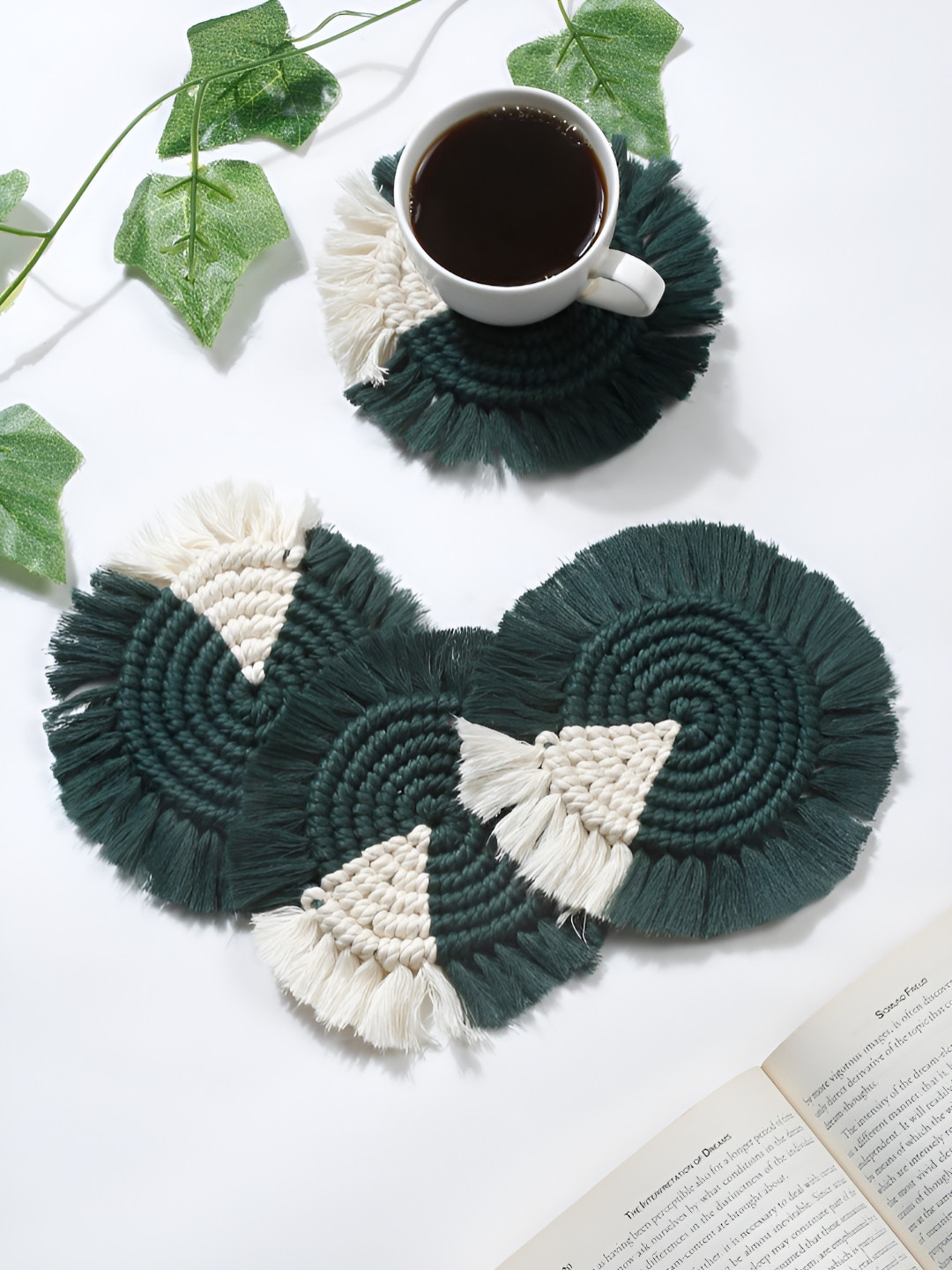My Creative Hut 4-Pcs Green & White Macram Cotton Tea Cup Coasters