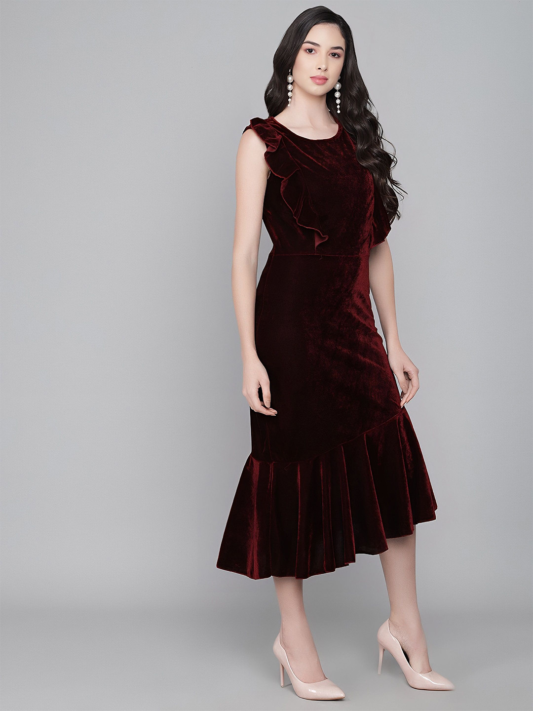 HERE&NOW Velvet Gathered or Pleated Ruffles detailed Fit and Flare Midi Dress