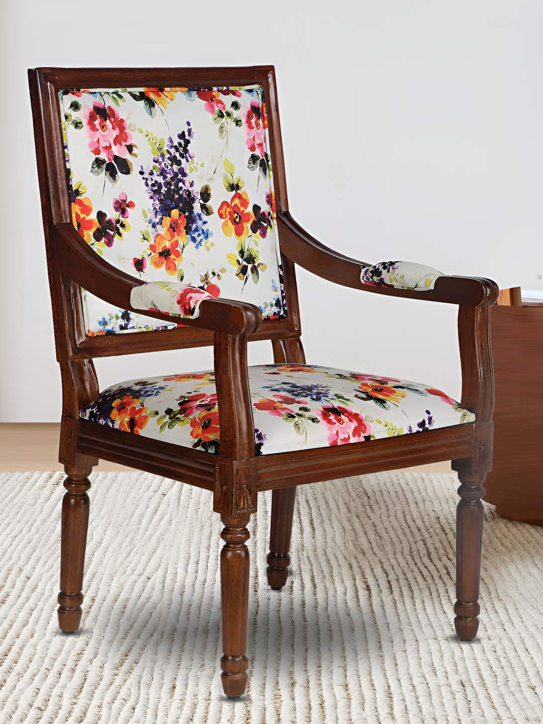 GLOBALLY INDIAN Brown And White Printed Classic Accent Wooden Lounge Chair