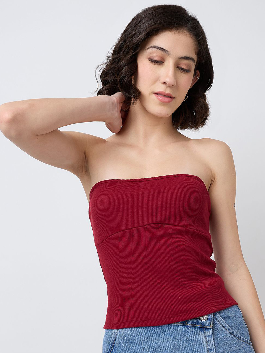 SZN Women Maroon Strapless Crop Tube Top