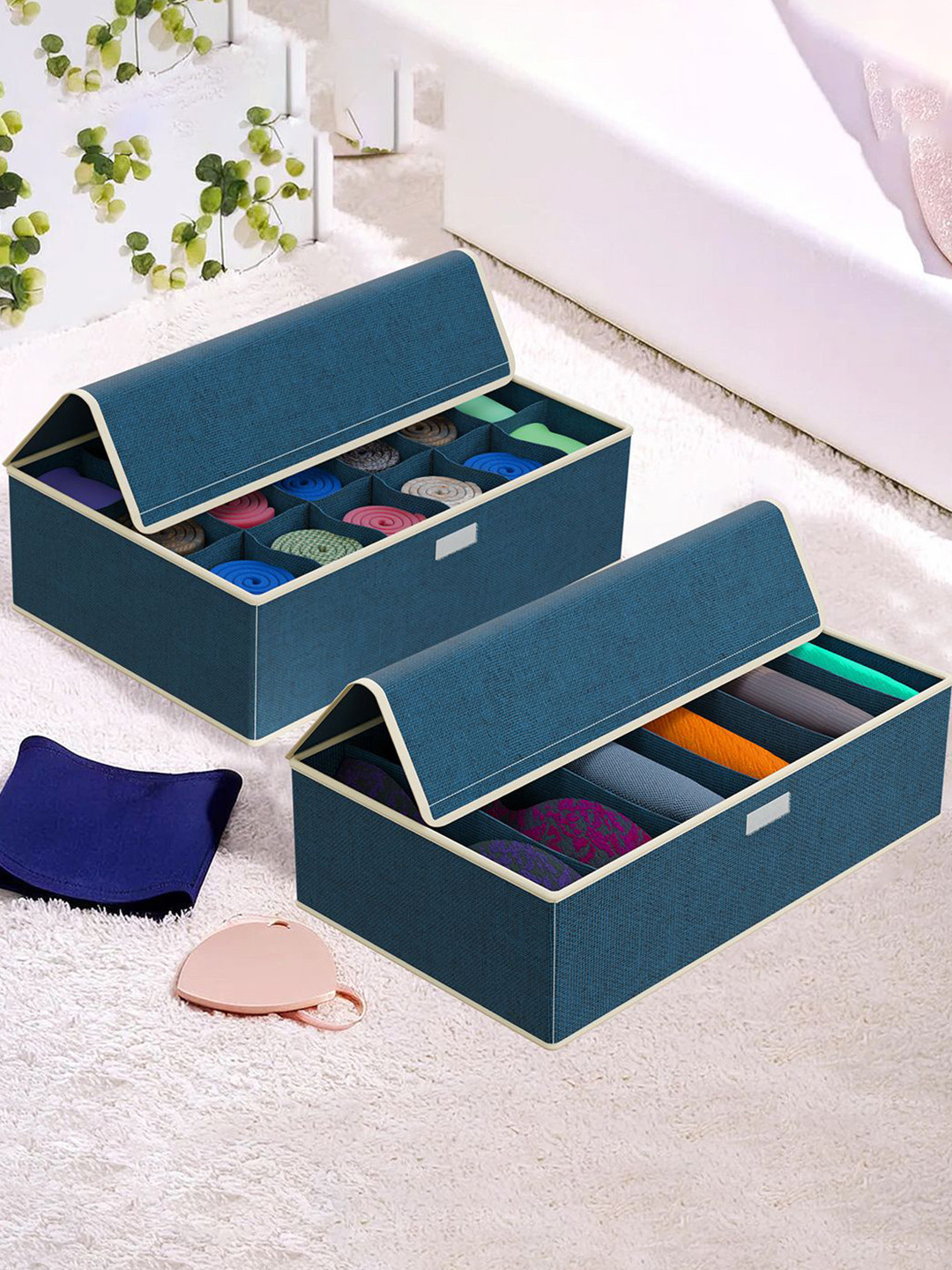 Kuber Industries Navy Blue & White Pack of 2 Grid Top Flap Undergarments Organisers