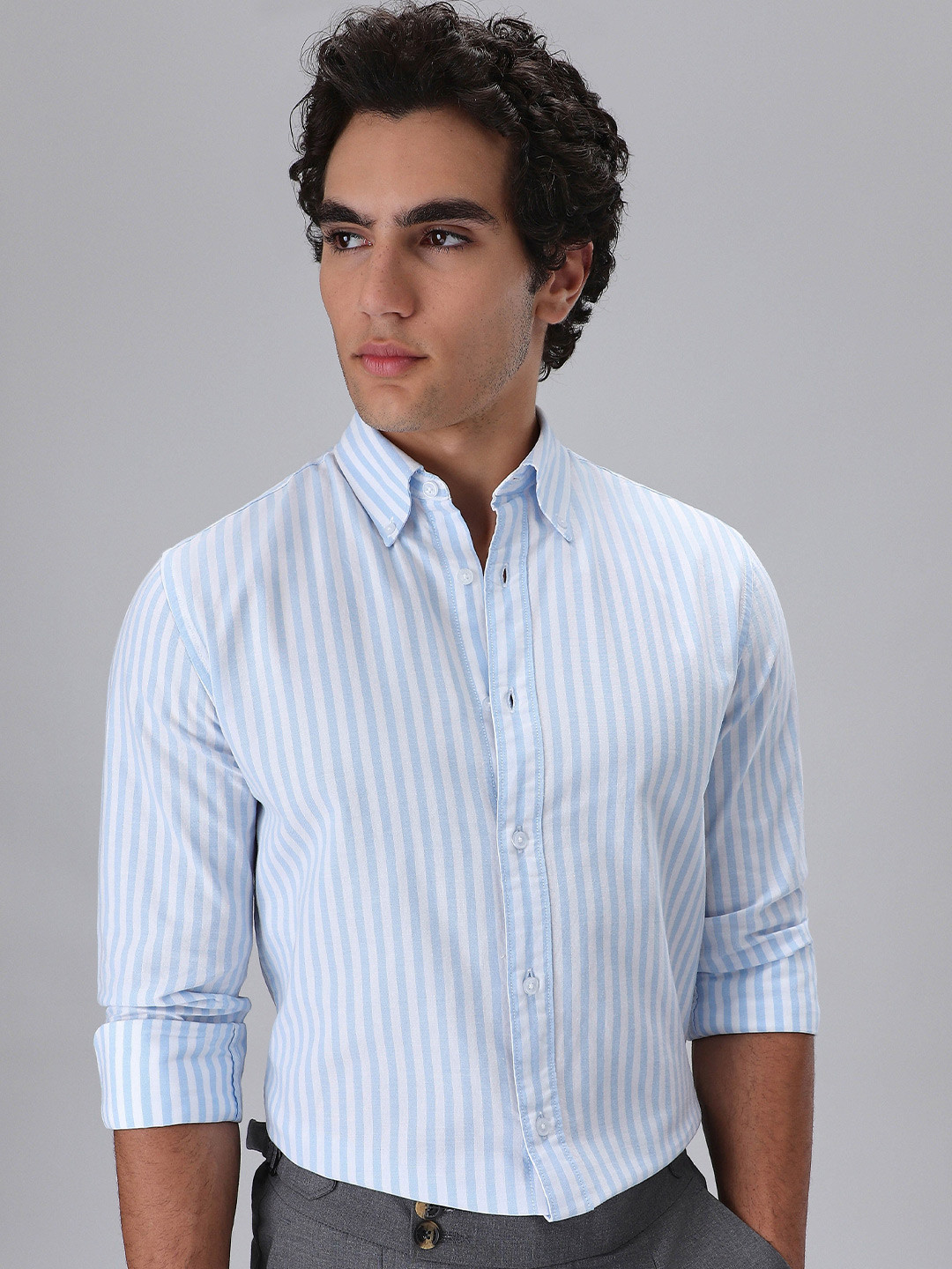 Banana Club Men Light Blue Cotton Oxford Stripe Shirt