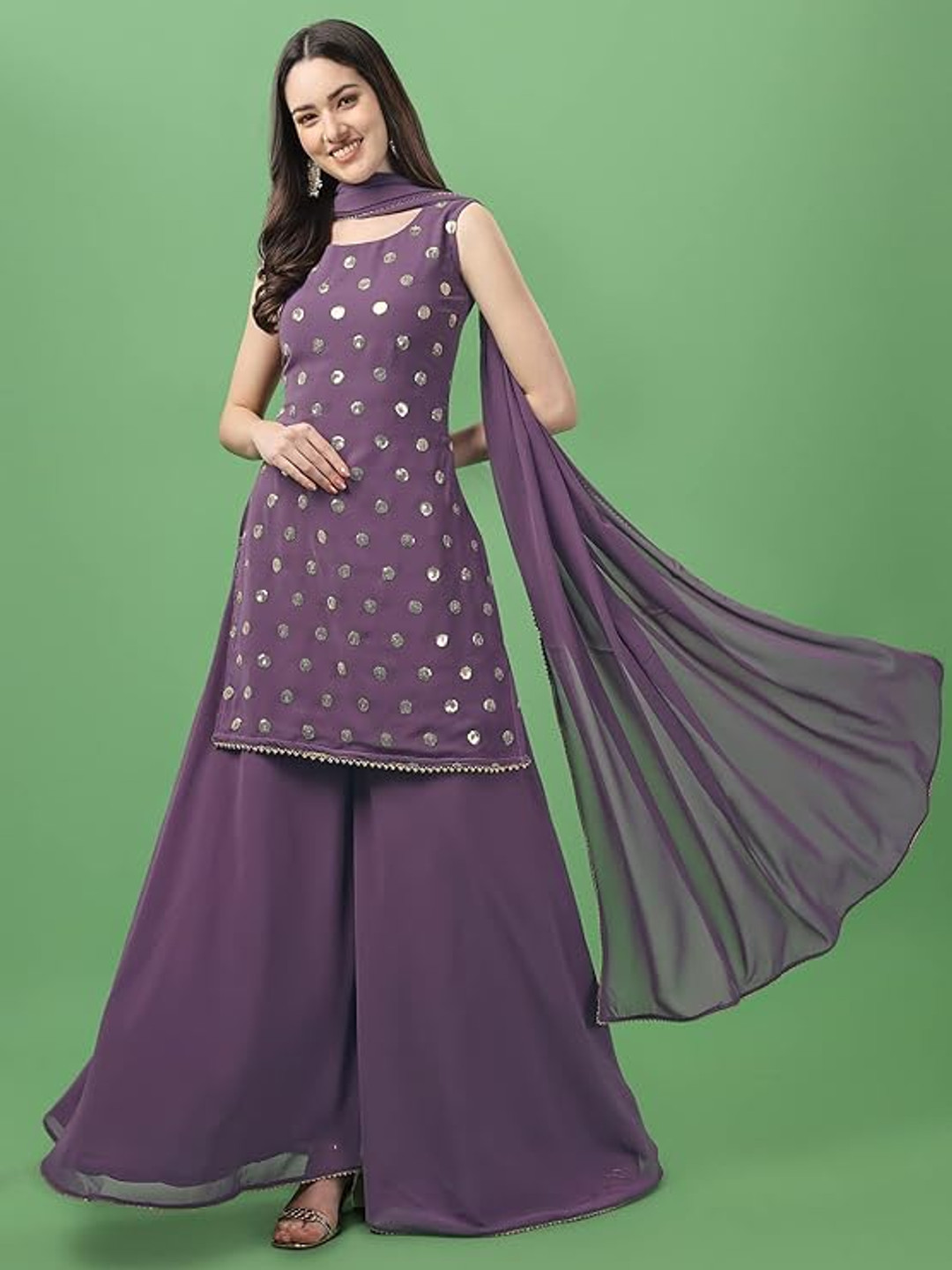 PARROT CREATION Geometric Embroidered Sequinned Sleeveless Kurta With Palazzos And Dupatta