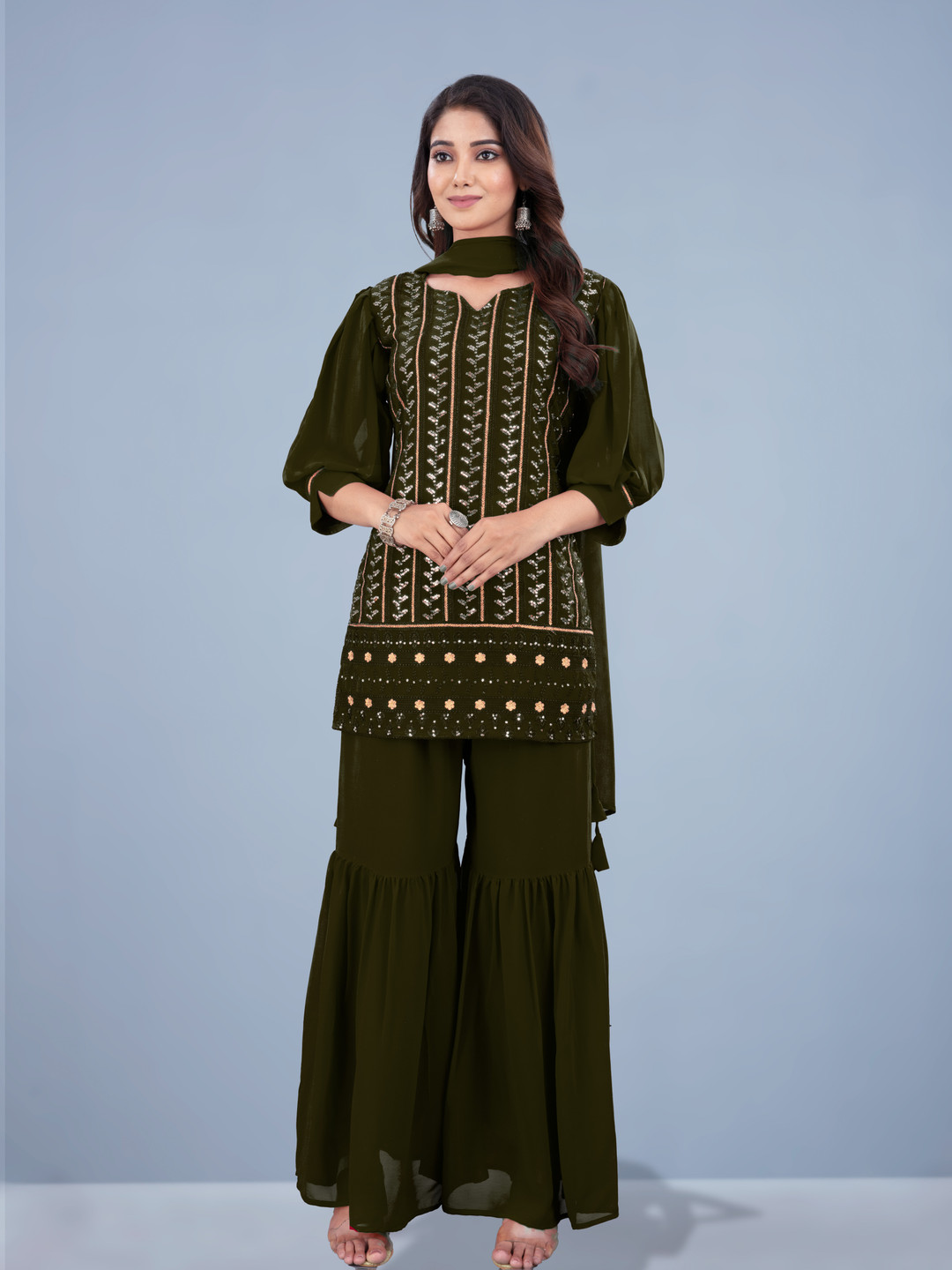 SANCIA Notch-Neck Embroidered Sequinned Georgette Straight Kurti With Sharara And Dupatta