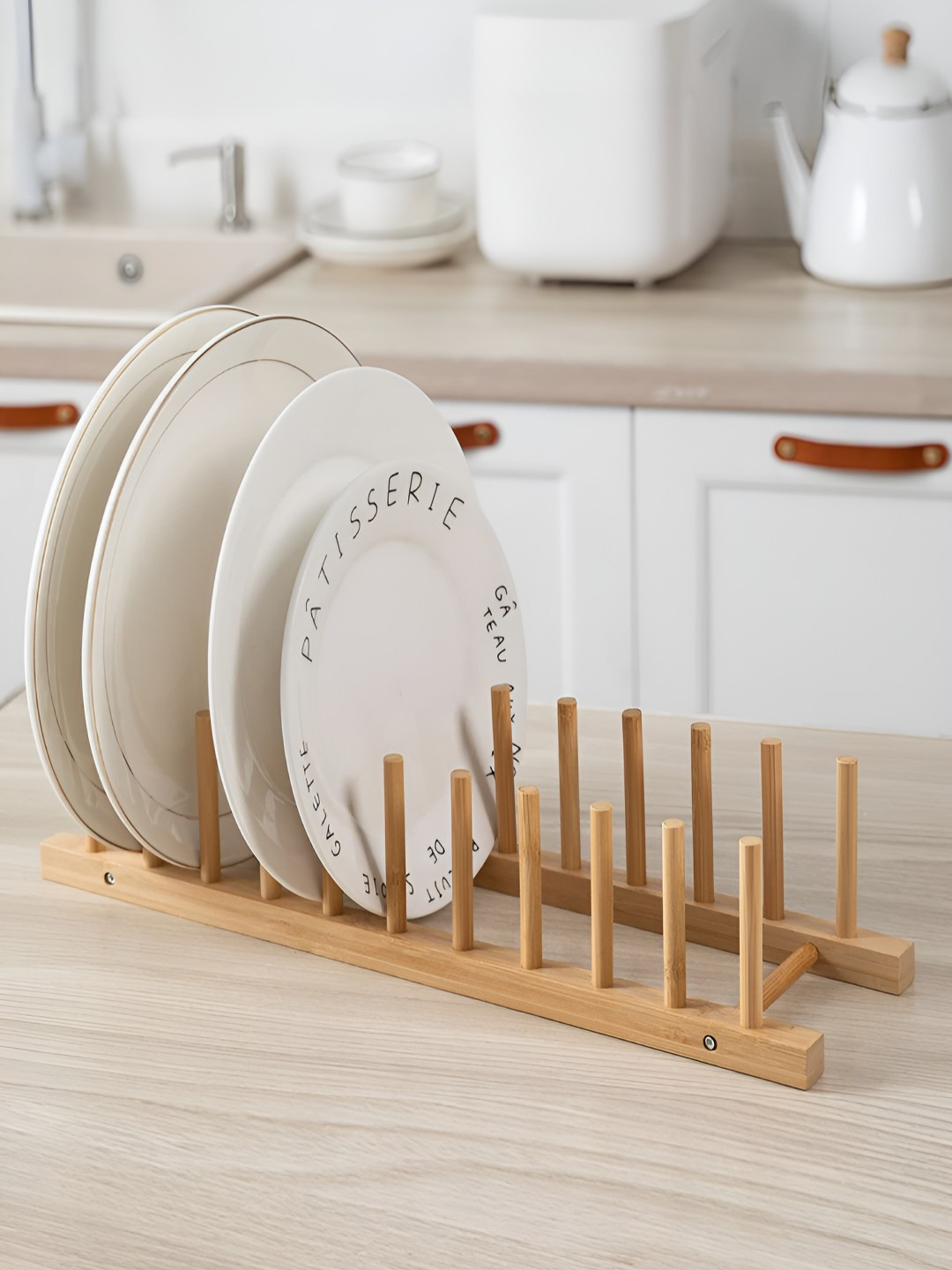 HOKIPO Beige Bamboo Dish Rack With 10 Slots