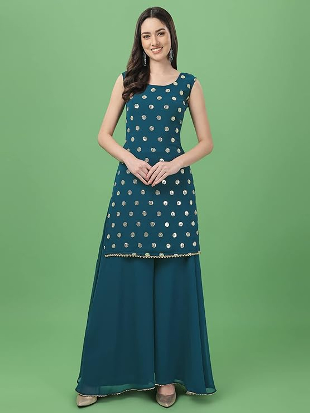 PARROT CREATION Geometric Embroidered Georgette Straight Kurti With Palazzo & Dupatta