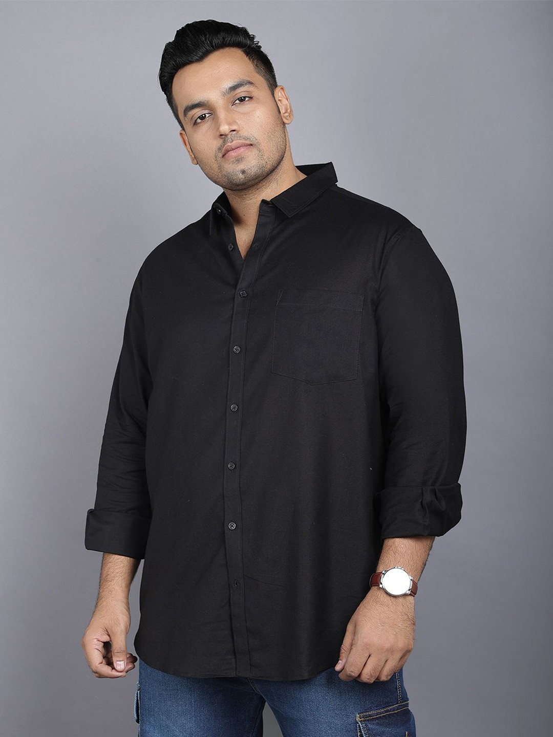 NEON CHILLIE Mens Solid Cotton Linen Spread Collar Full Sleeve Shirt