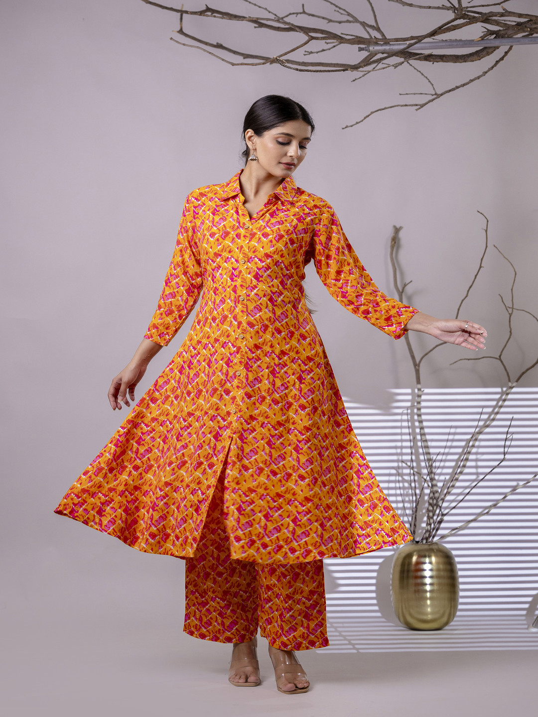 mokshi Chevron Printed High Slit Shirt Collar Pure Cotton A-Line Kurta With Trousers