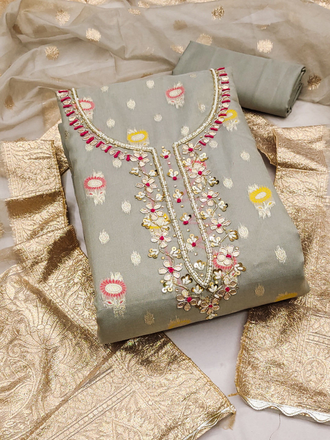 ASISA Woven Design Stones & Bead Organza Unstitched Dress Material