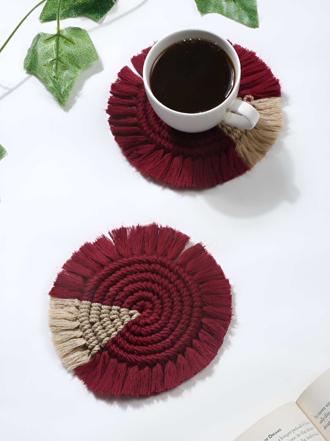 My Creative Hut 2-Pcs Maroon & Brown Macram Cotton Tea Cup Coasters