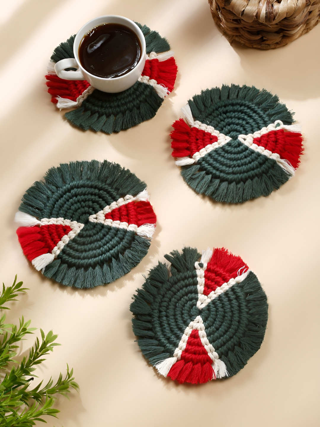 My Creative Hut Green & Red 4-Pcs Circular Shaped Macrame Cotton Coasters