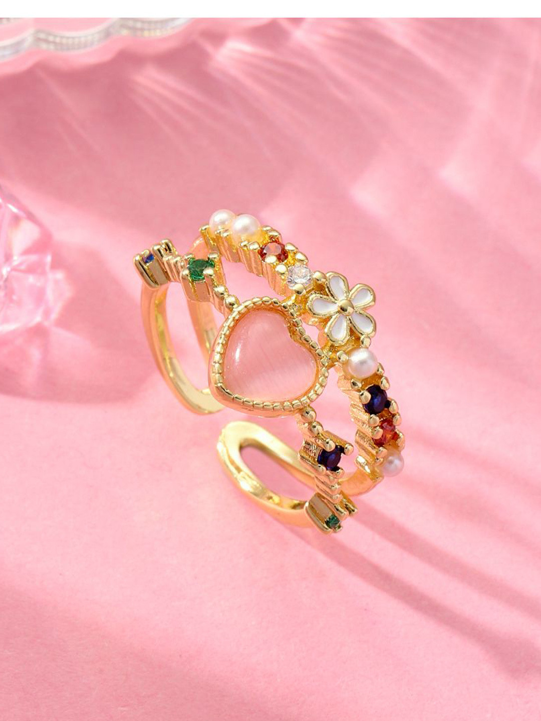 SALTY Gemstone Heart Ring With Floral For Women & Girls