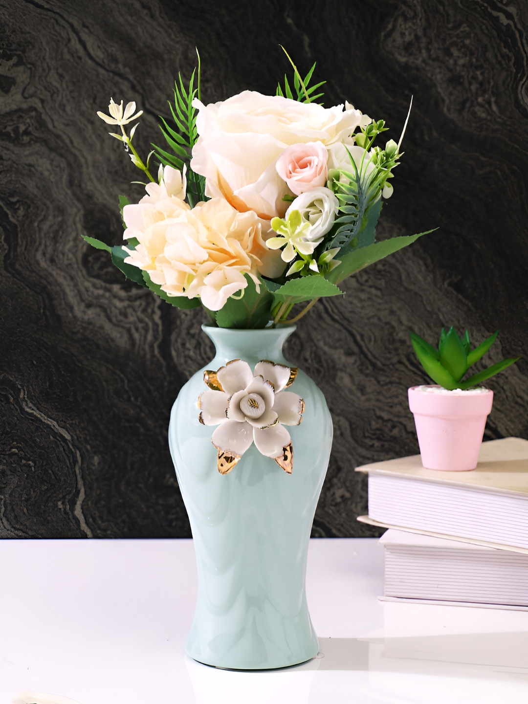 TAYHAA Pink & Green 2 Pieces Rose Artificial Flower