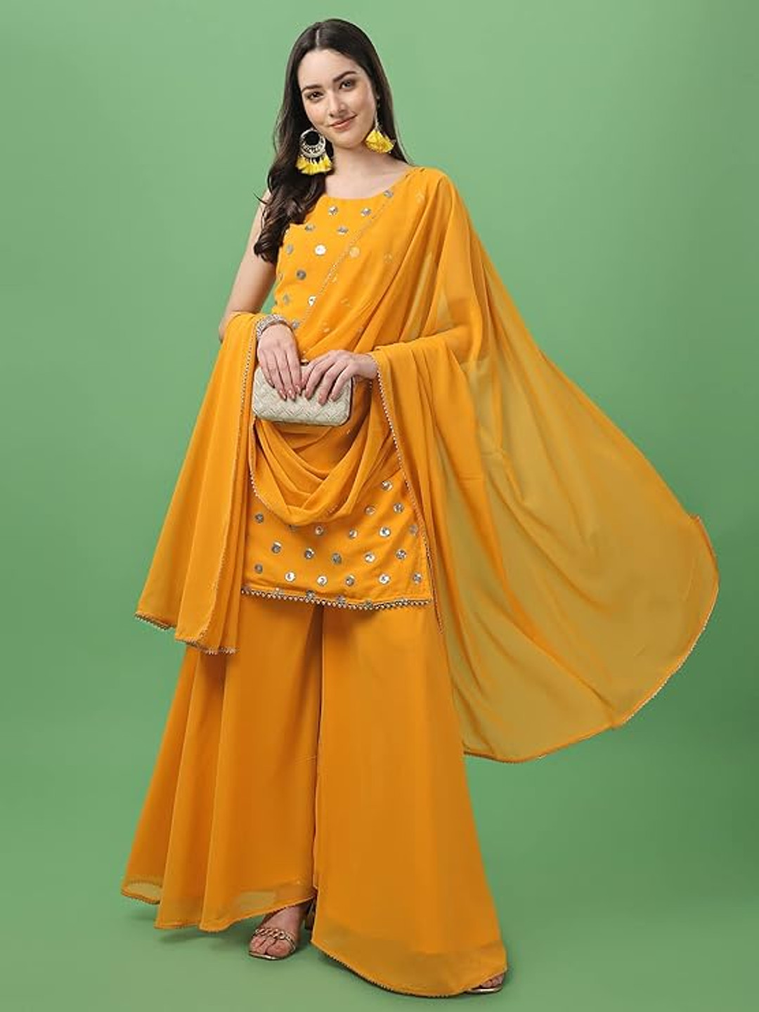PARROT CREATION Women Embroidered Regular Sequinned Kurta with Sharara & With Dupatta