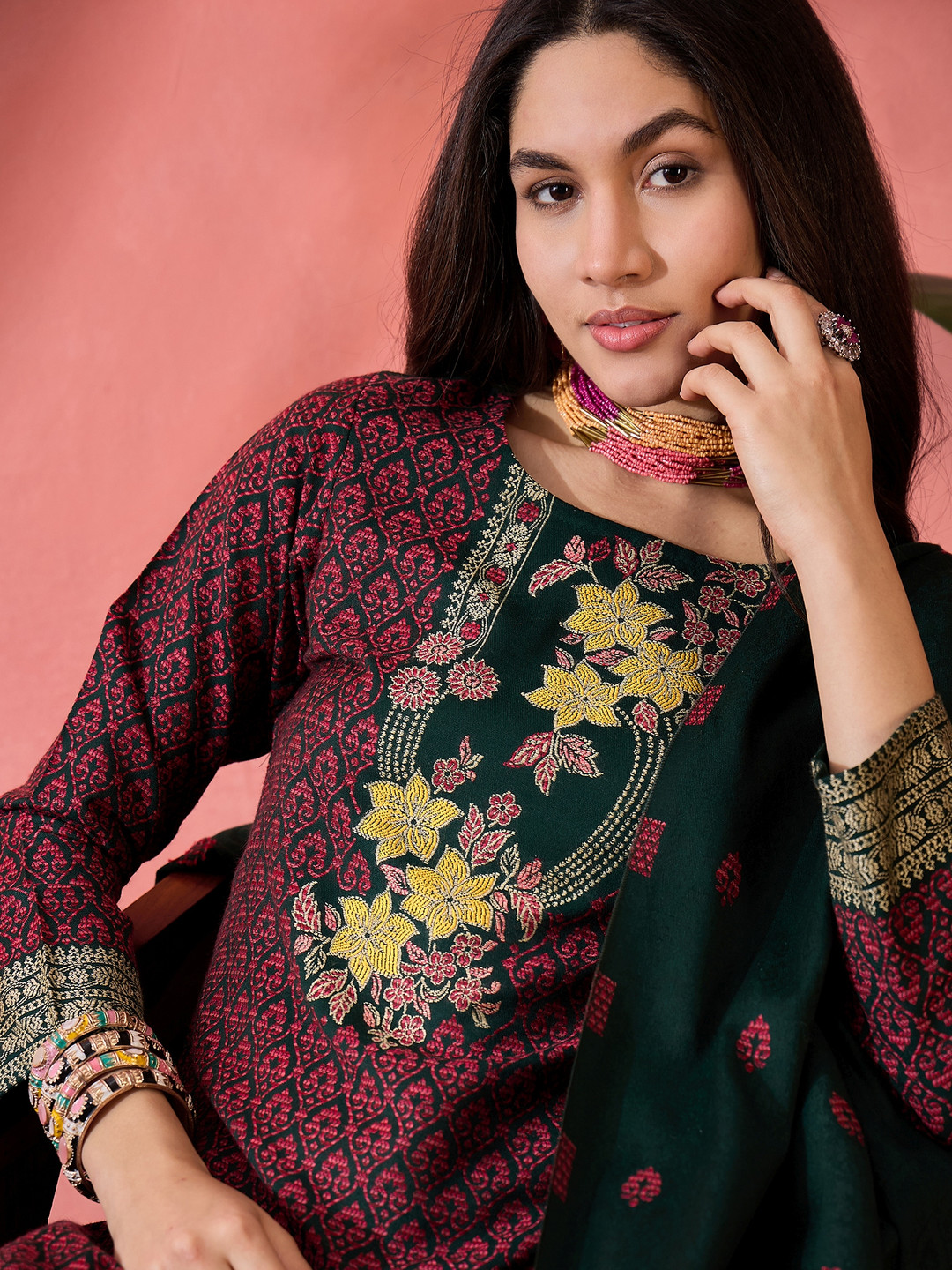 Sangria Red Embroidered Pashmina Straight Kurta With Trousers And Dupatta