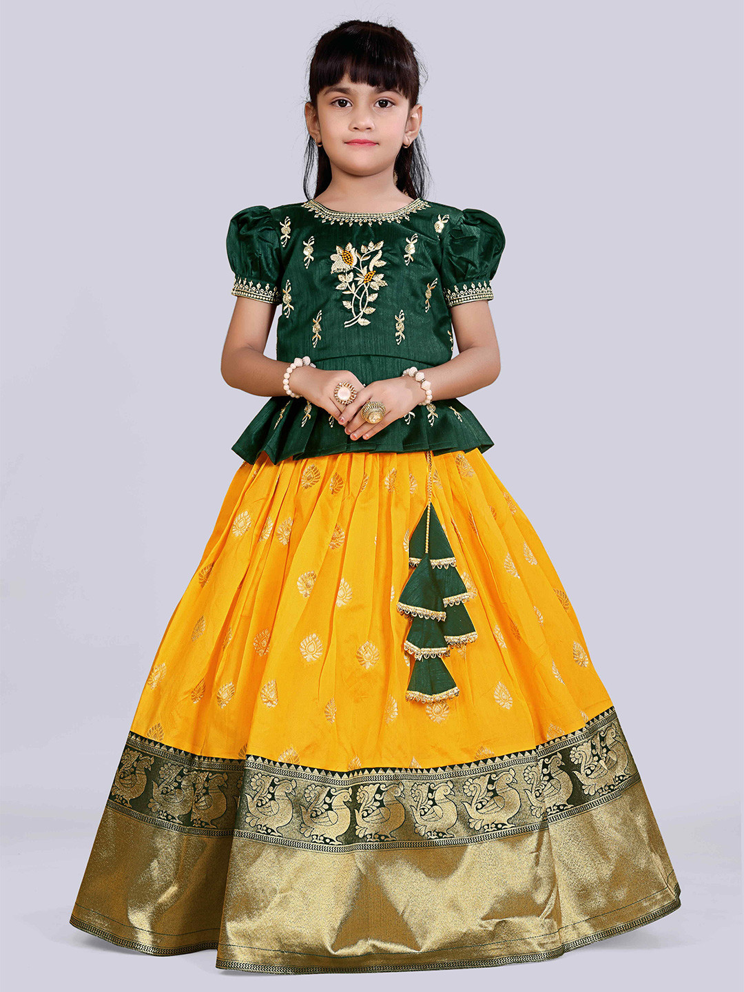 White Button Girls Floral Embroidered Zari Ready to Wear Lehenga & Choli