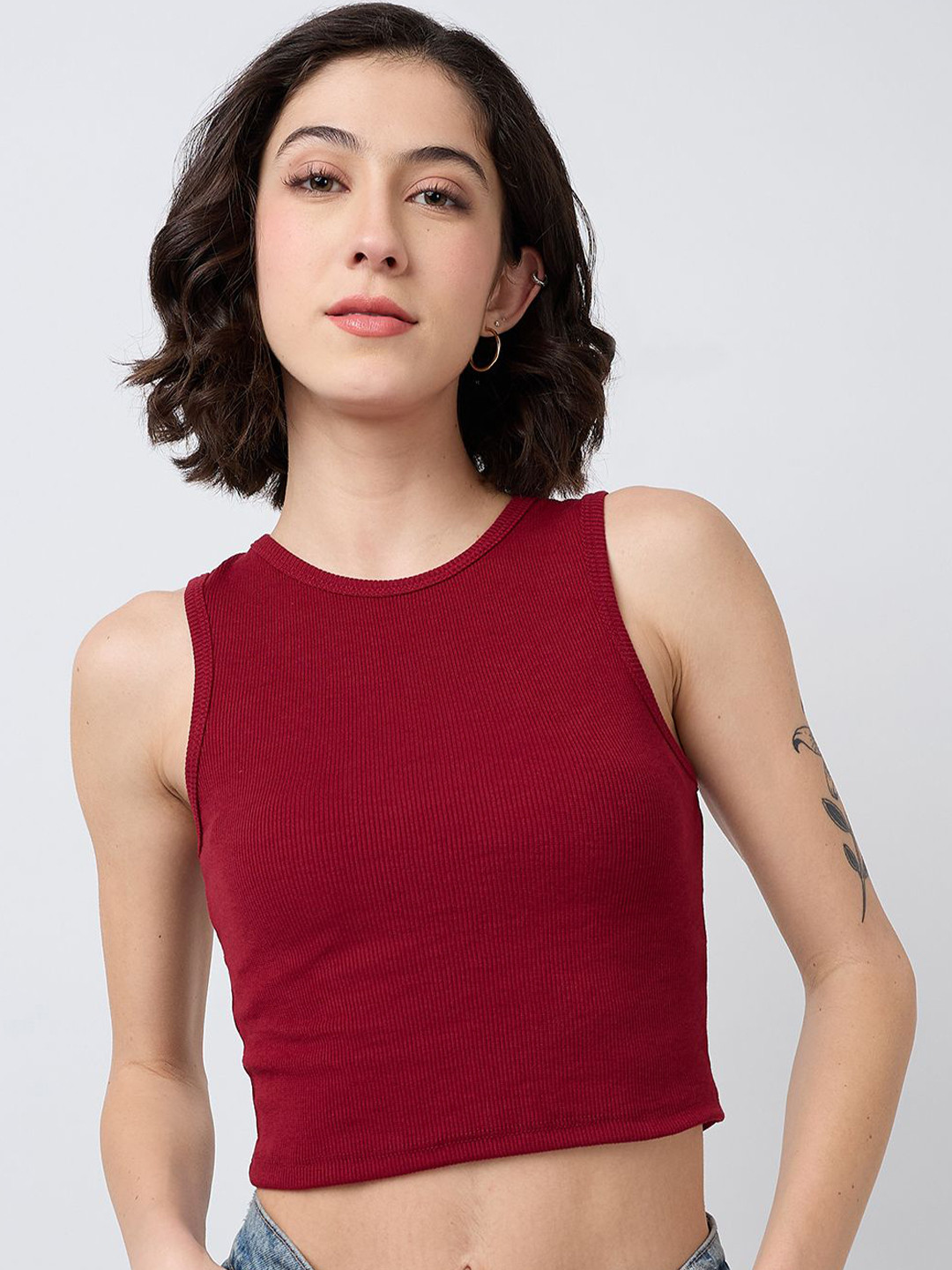 SZN Women Round Neck Sleeveless Ripped Crop Top