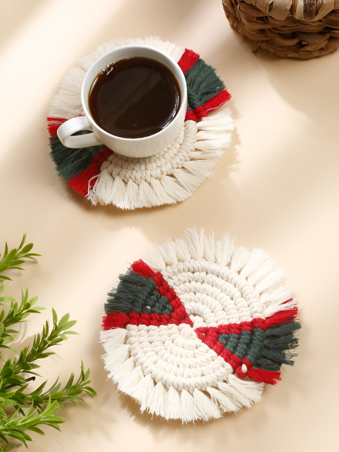 My Creative Hut White & Green 2 Pieces Braided Bohomian Style Round Coasters