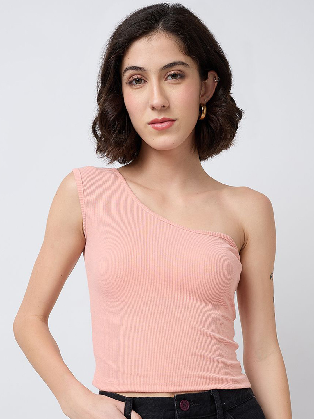 Peach Ribbed One Shoulder Crop Top