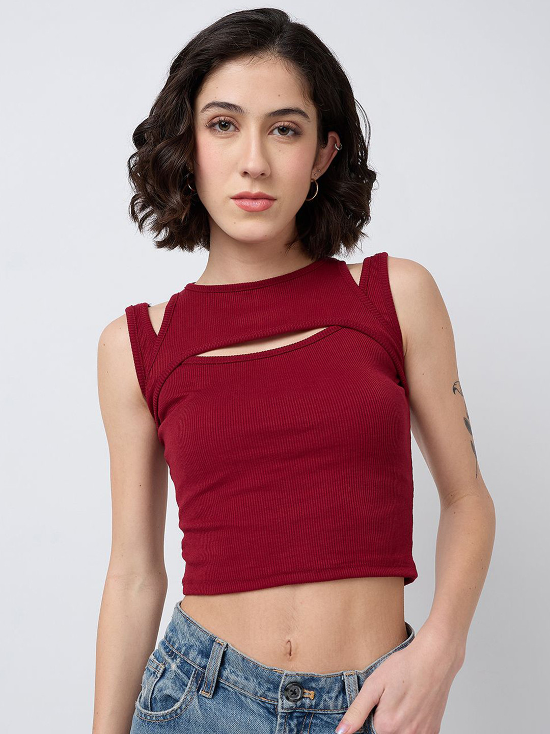 SZN Maroon Ribbed Cut Out Crop Top - Casual Wear