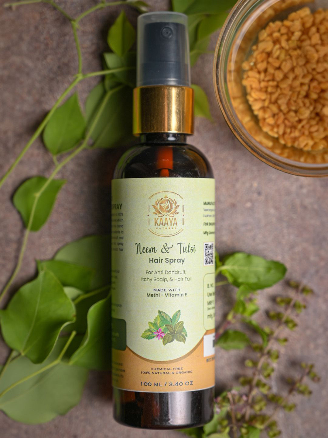 Kaaya Natural Neem & Tulasi Hair Spray Infused With Methi & Vitamin E - 100 ml