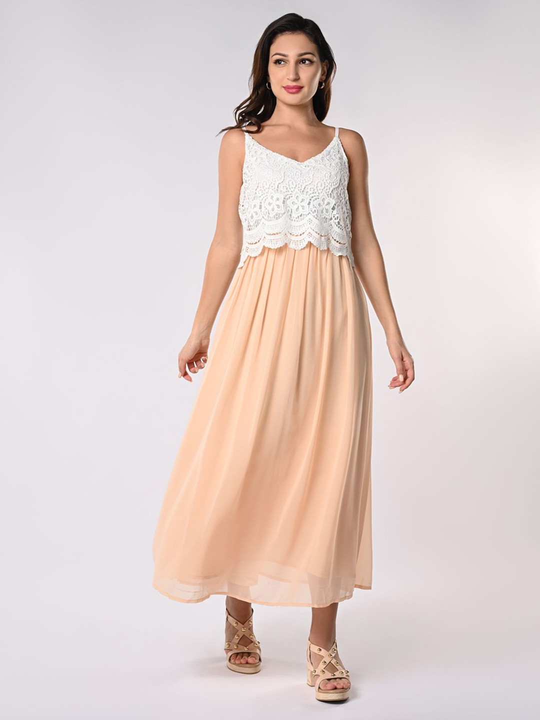 Iti Shoulder Straps Self Design Midi Lace Dress