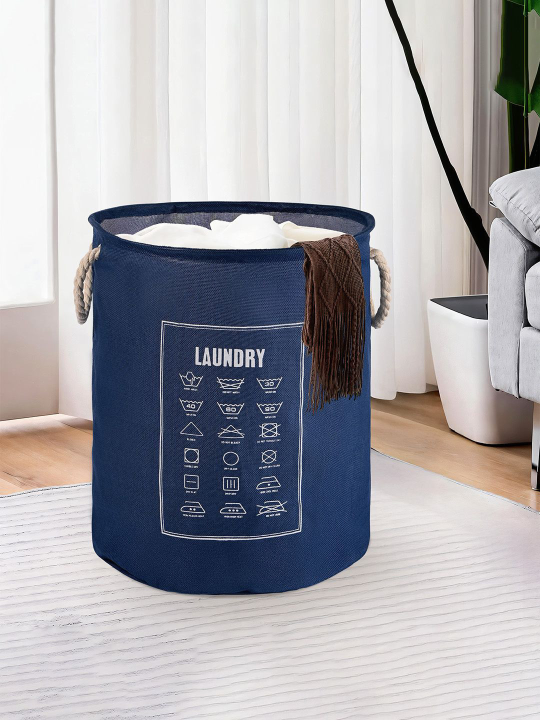 Kuber Industries Blue & White Printed Foldable Cloth Basket With Handle - 60 L