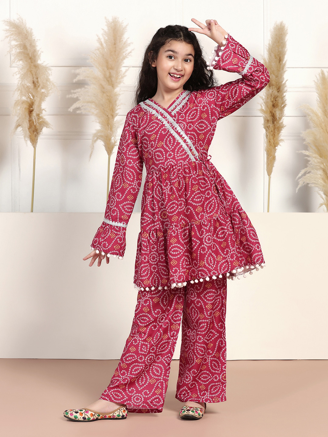 Sangria Girls Maroon Bandhani Printed Angrakha V-Neck A-Line Kurta With Trousers