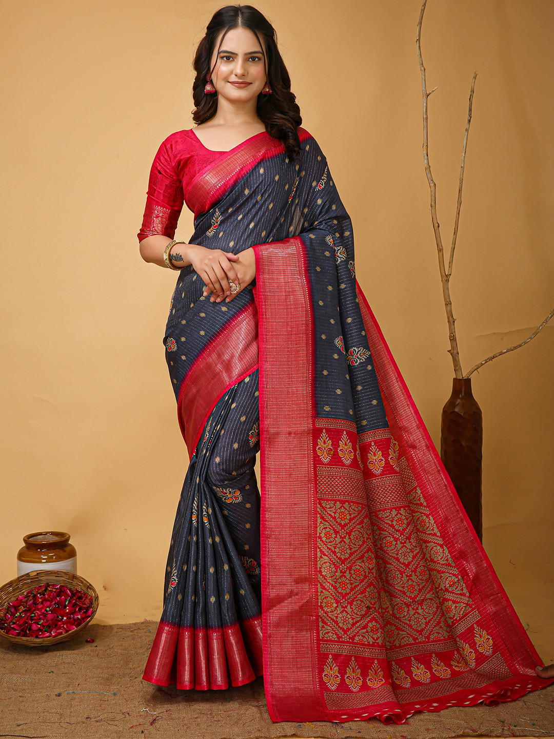 HI FI NX Leheriya Kanjeevaram Saree with Zari Border & Pallu With Printed Blouse