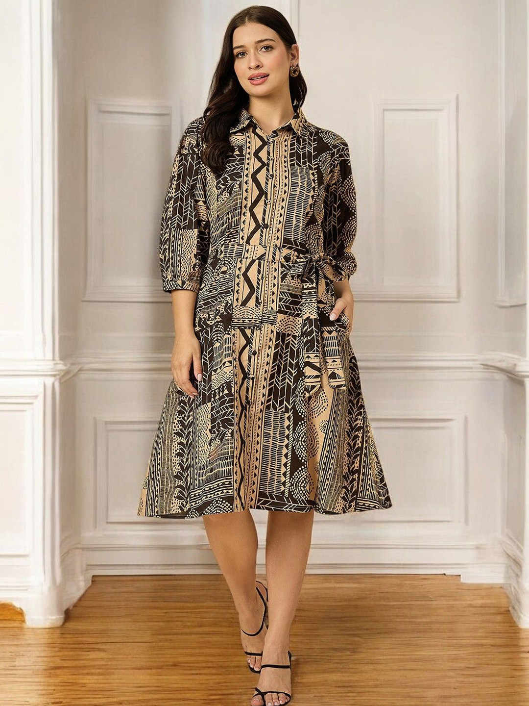 Azira Ethnic Motifs Printed Puff Sleeve Fit & Flare Midi Dress