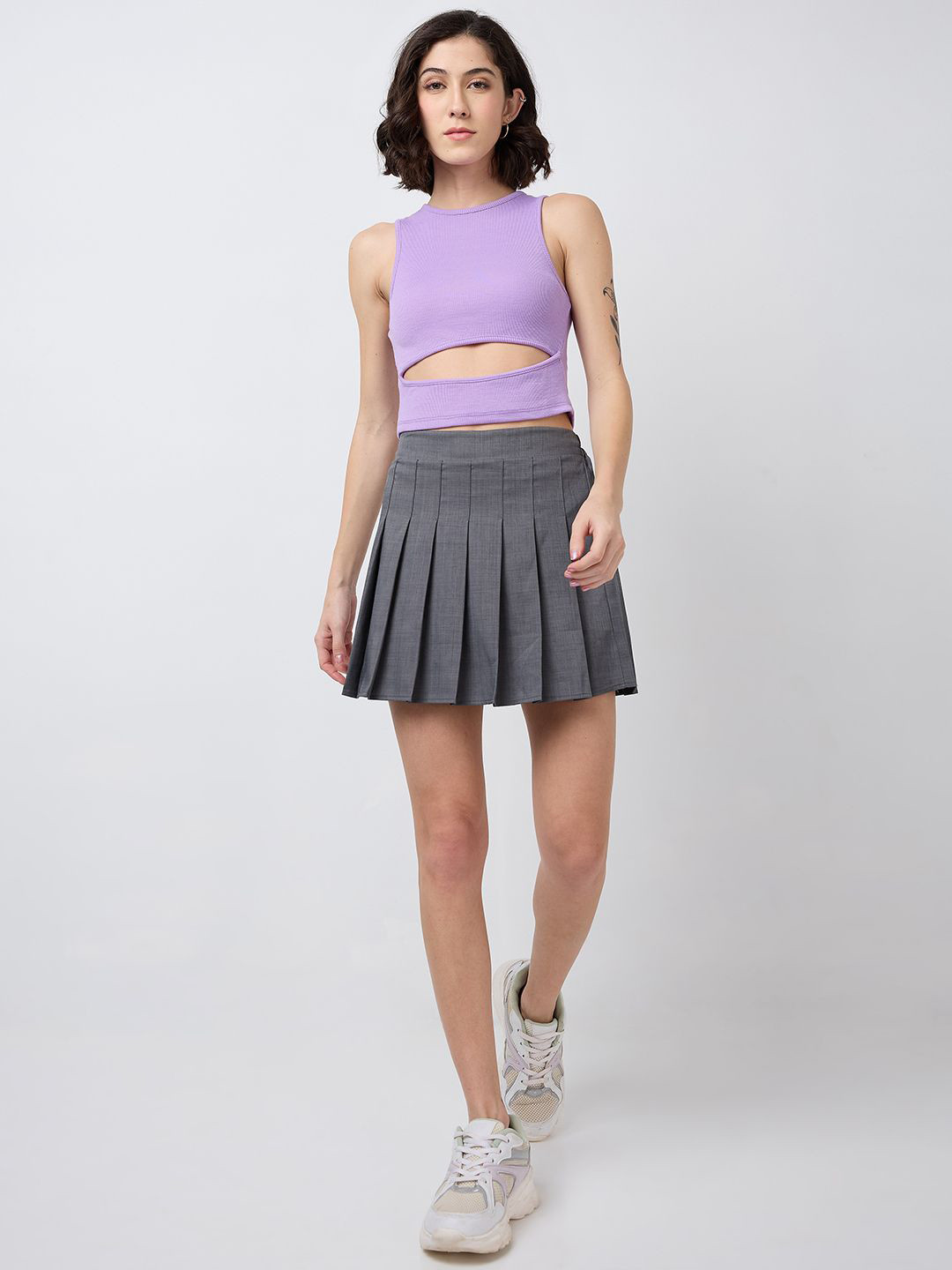 SZN Women Purple Ribbed Cut-Out Crop Tank Top