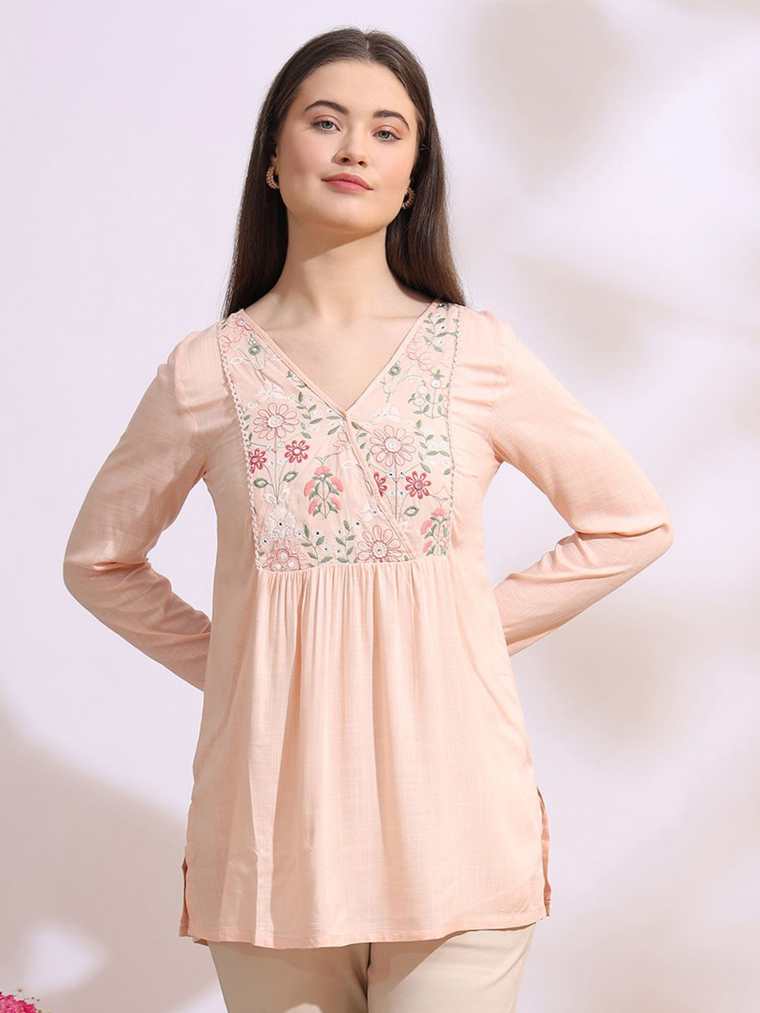 W Floral Embroidered V-Neck Top