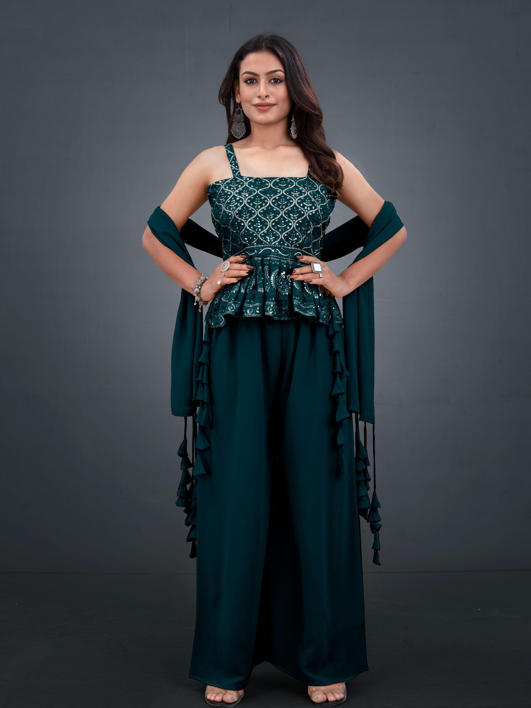 SANCIA Floral Embroidered Sequins Top With Palazzos And Dupatta