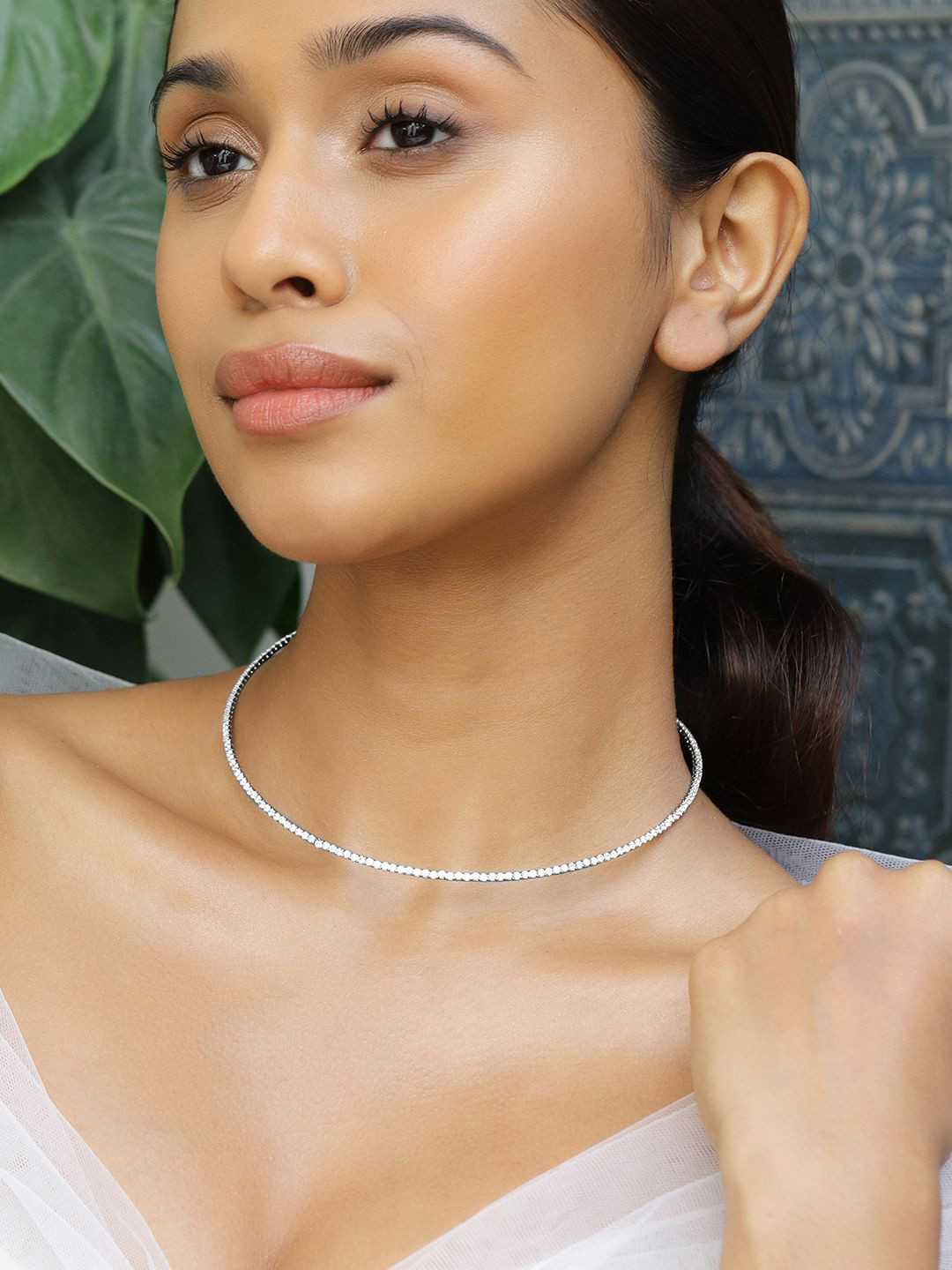Rubans Rhodium Plated Cubic Zirconia Studded Premium Statement Choker