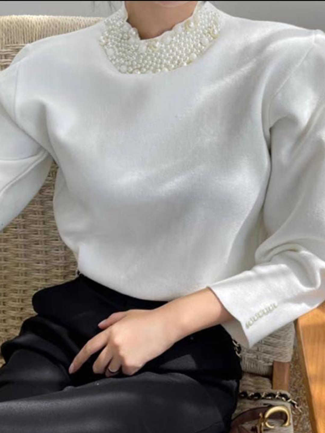 Miss Mosa By Akanksha  Women White Femella Pearl Detail Luxe Sweater