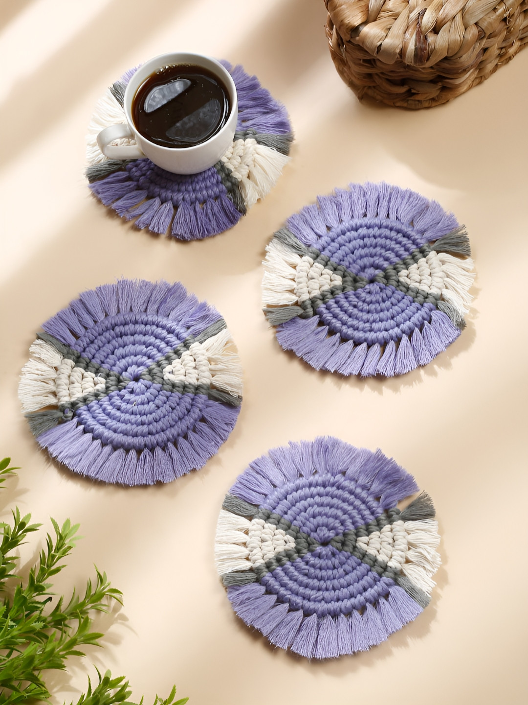 My Creative Hut Purple & Grey 4-Pcs Circular Shaped Macrame Cotton Coasters