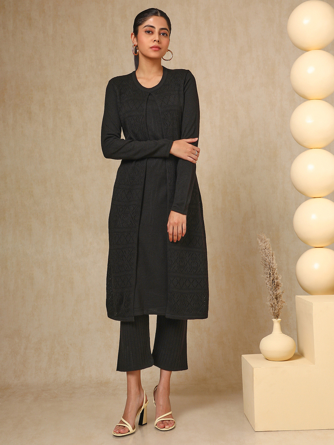 Soch Black Geometric Woven Design Layered Acrylic Straight Kurta With Trouser