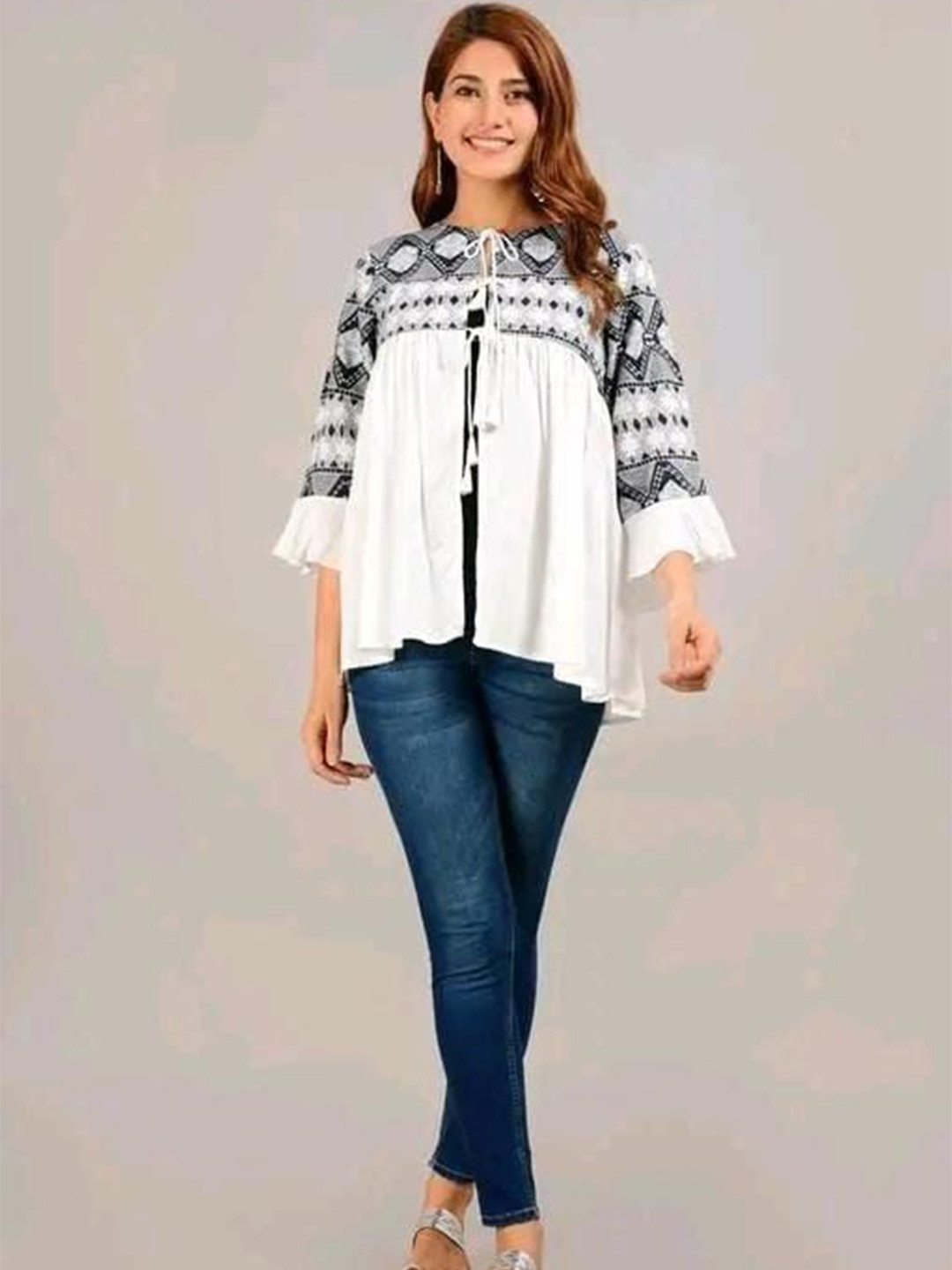 Loyster Women Monochrome Print Bell Sleeve A-Line Top