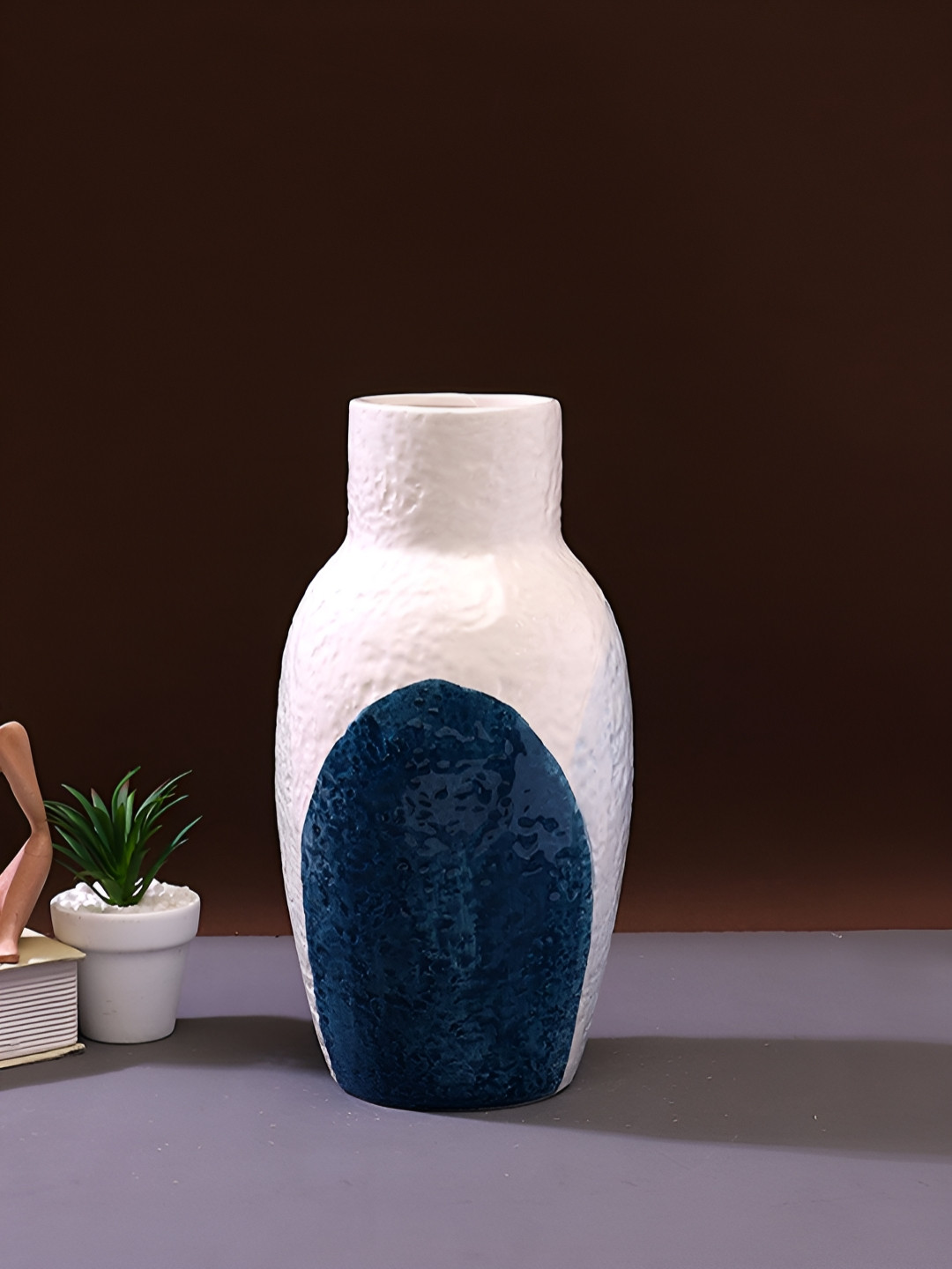 Myntra Elegant Homes White & Blue Glossy Corrugated Pear Shaped Ceramic Vase