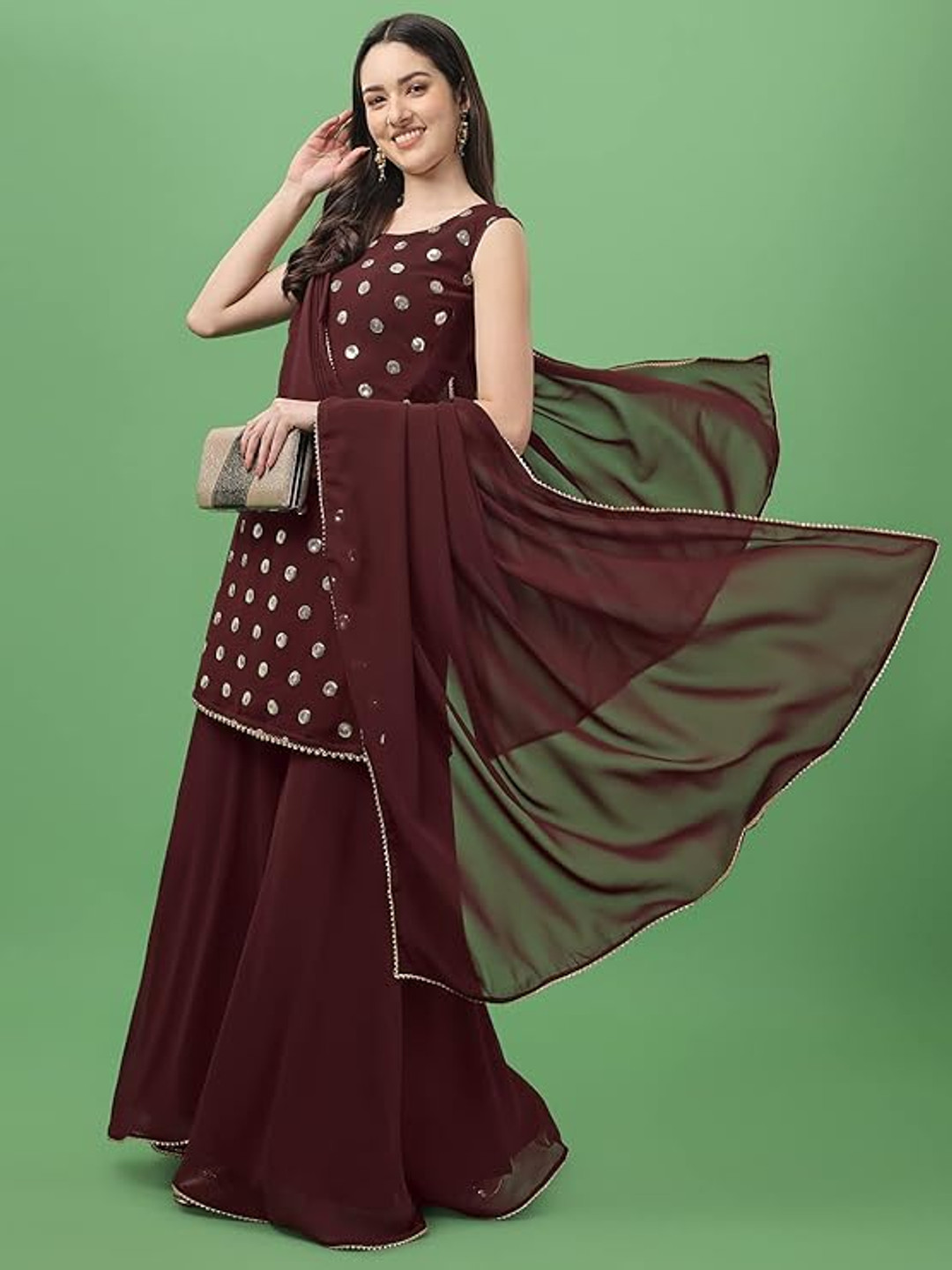 PARROT CREATION Geometric Embroidered Sequinned Sleeveless Kurta With Palazzos And Dupatta