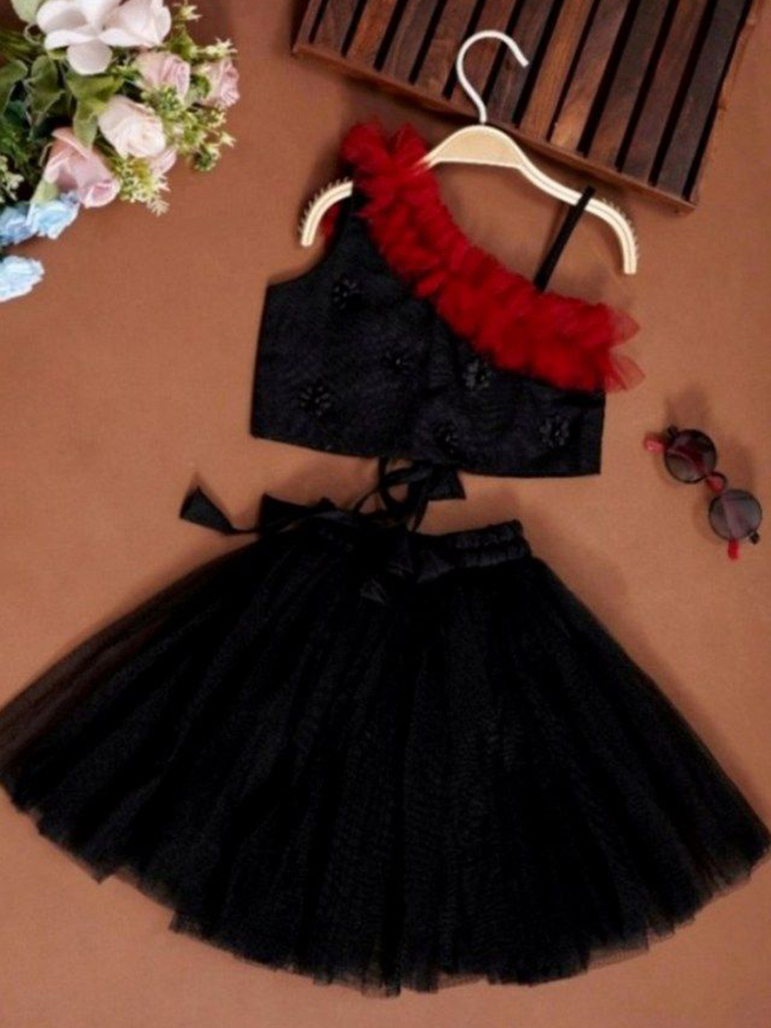 Anneca Girls Crop Top And Soft Net Skirt Readymade Clothing Set With Reel Flover