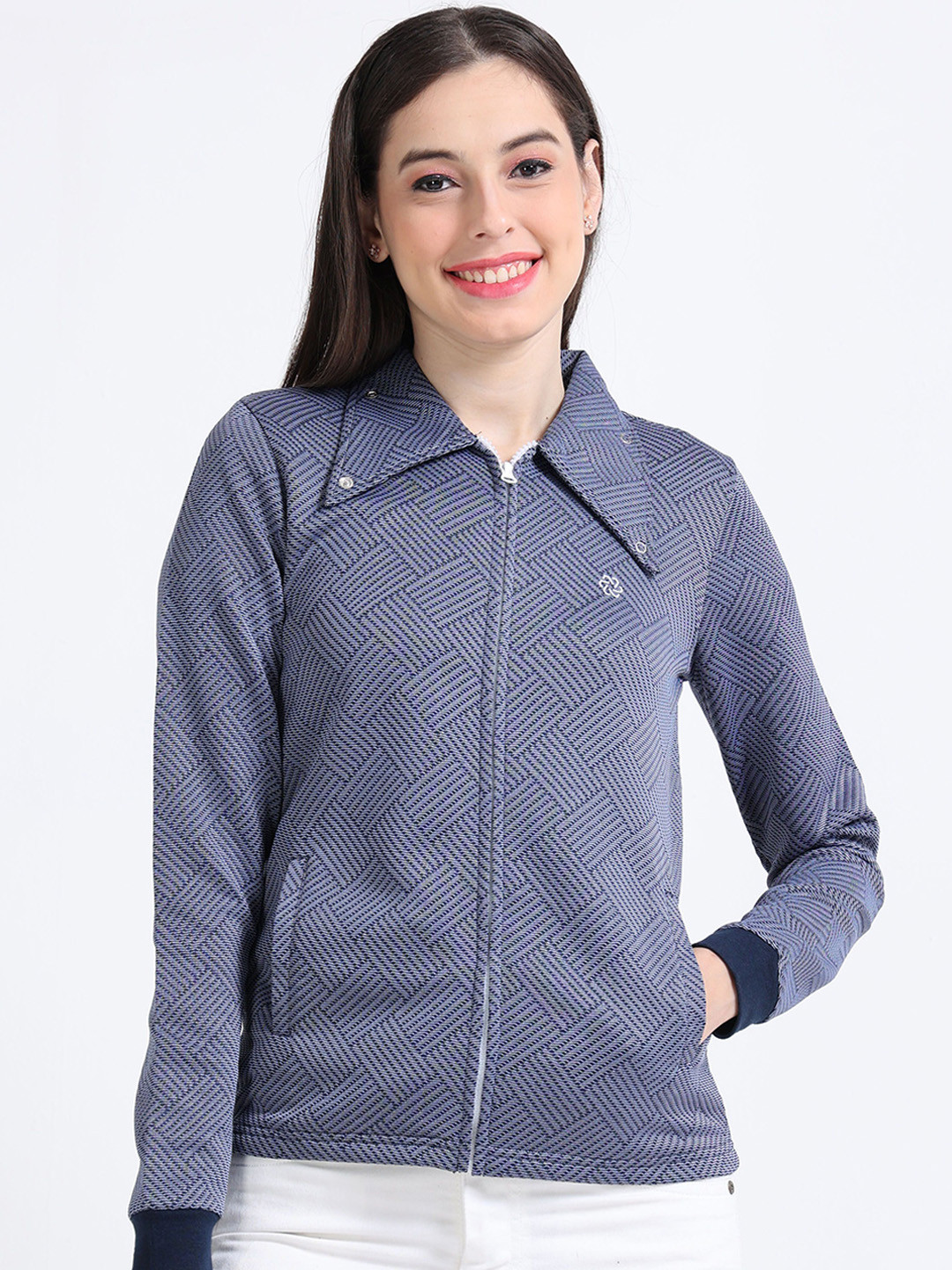 ECOLINE Clothing Women Stand Collar Self Design Casual Lightweight Bomber Jacket