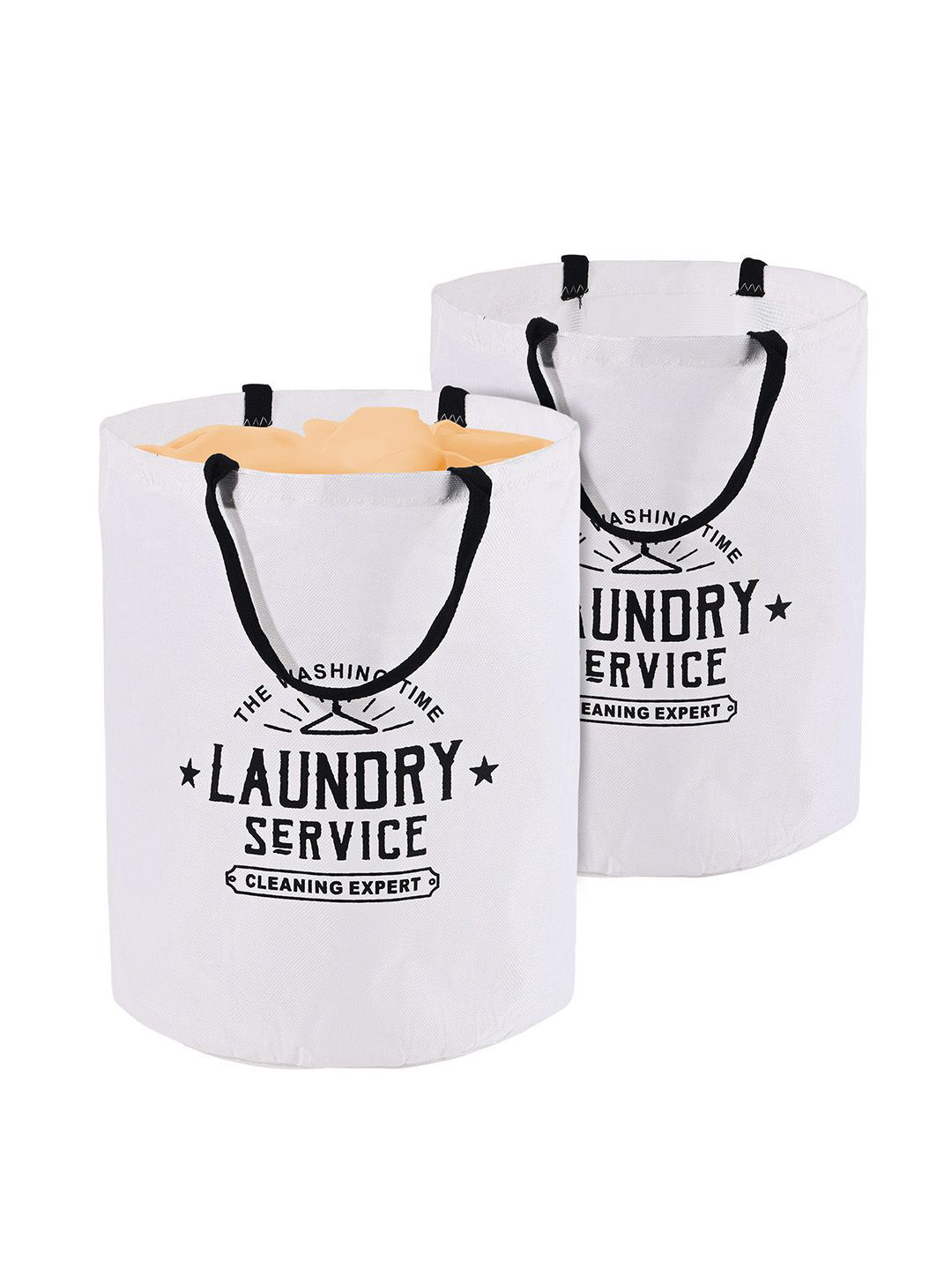 Kuber Industries White & Black 2 Pieces Printed Foldable Cloth Basket With Handle