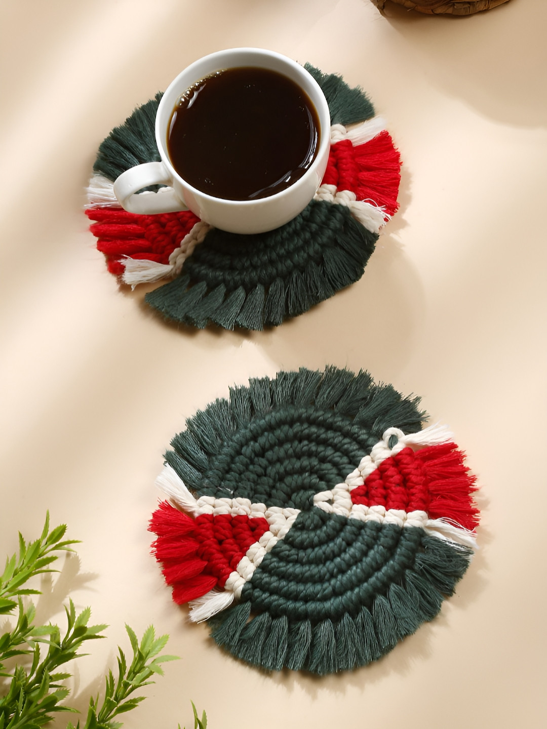 My Creative Hut Green & Red 2 Pcs Circular Shaped Macrame Cotton Coasters