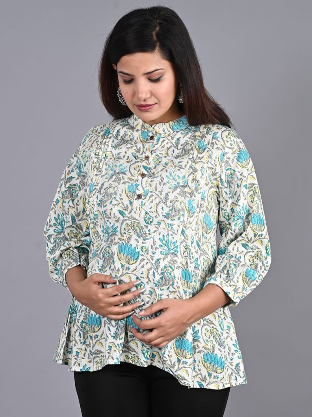 MIRJAI Floral Printed Mandarin Collar Puff Sleeve Maternity Top