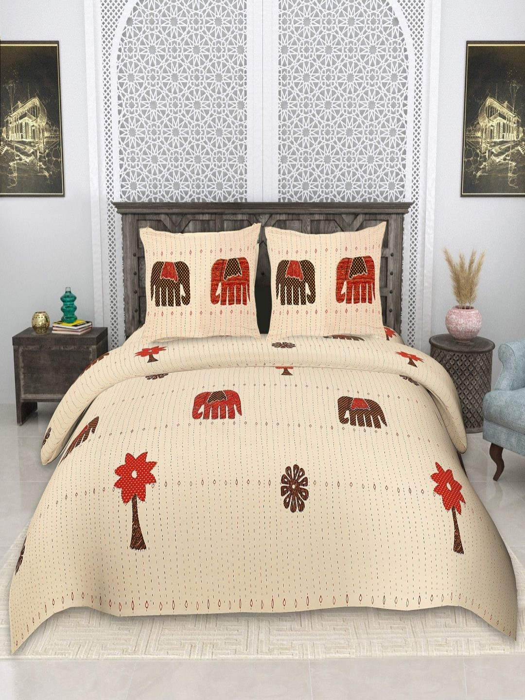 tundwal's Beige & Red Printed Pure Cotton 210TC King Bedsheet Set 2.27 m x 2.27 m