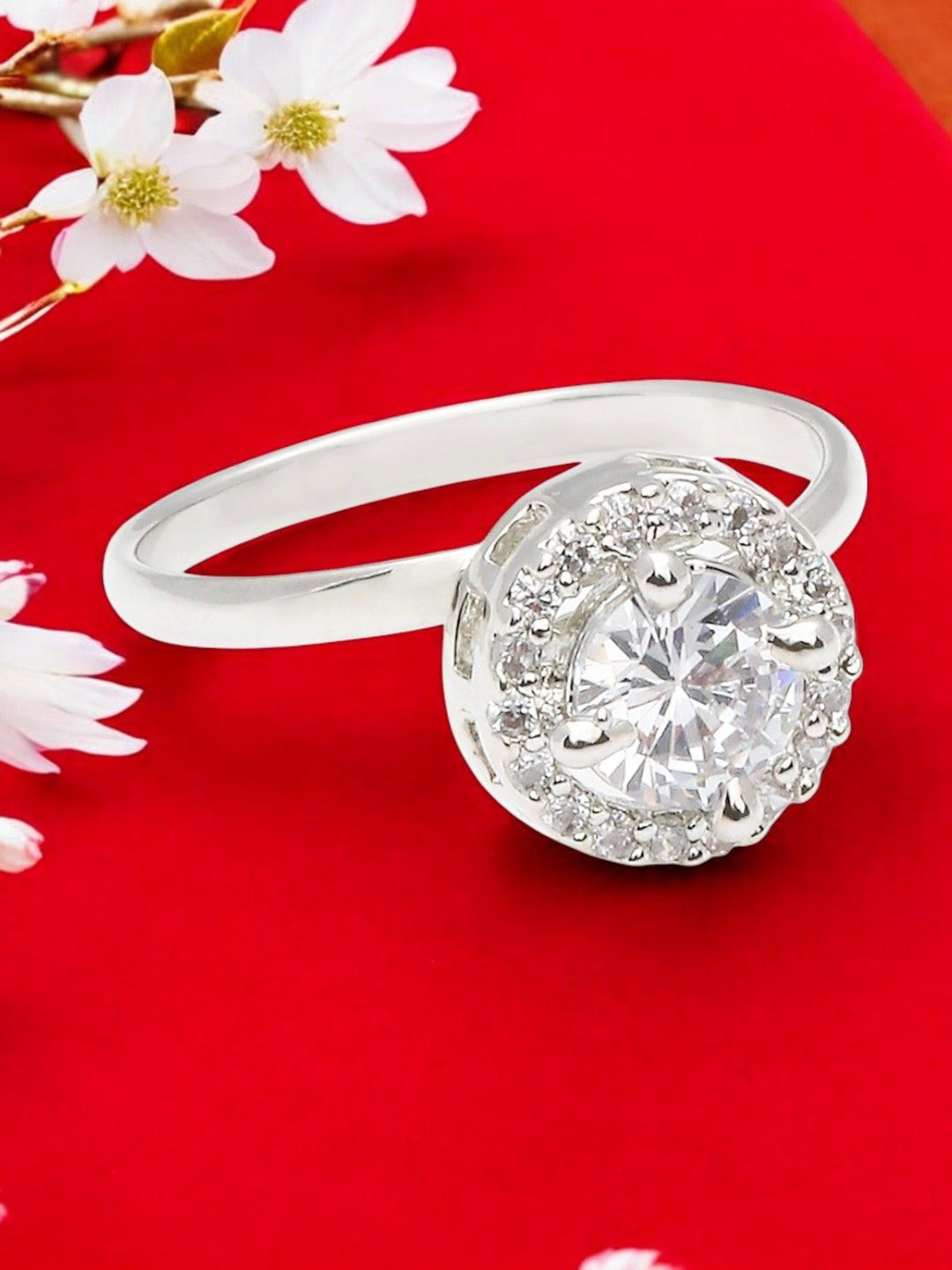 OOMPH Silver-Plated American Diamond Stones Studded Finger Ring