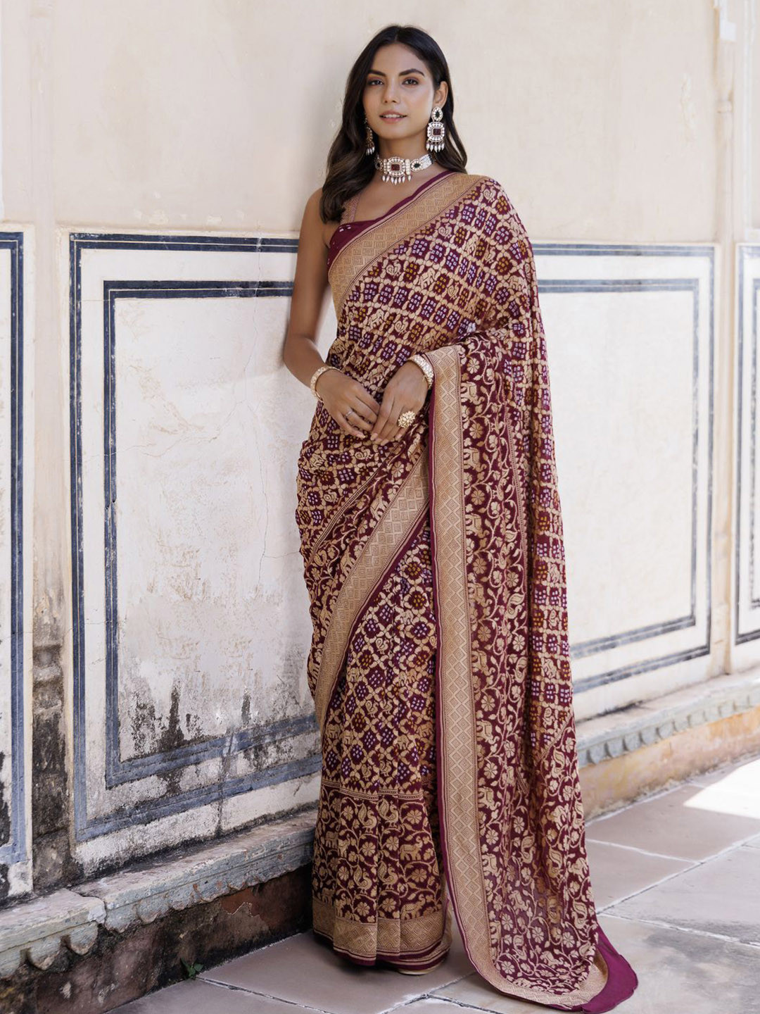 Geroo Luxe Pure Georgette Zari Gharchola Bandhani Saree