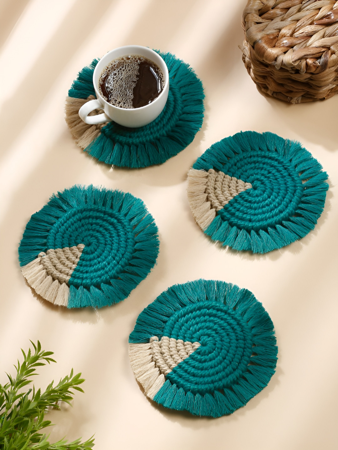 My Creative Hut 4-Pcs Teal & Beige Textured RoundCoasters