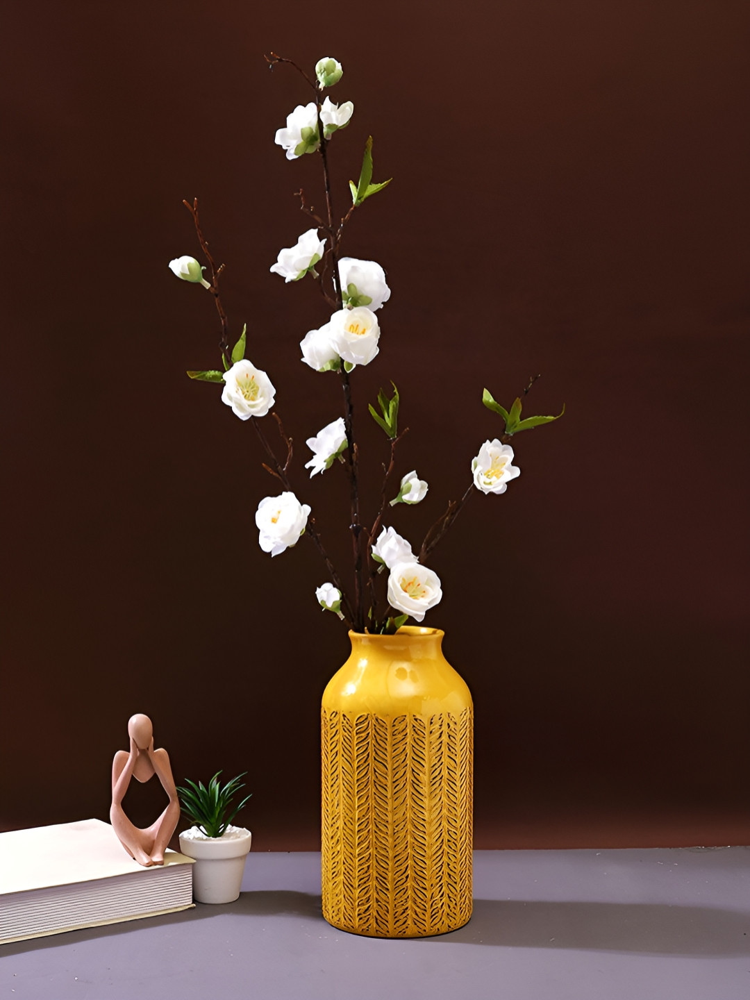 TAYHAA Graceful White & Brown Cherry Blossom Artificial Flower